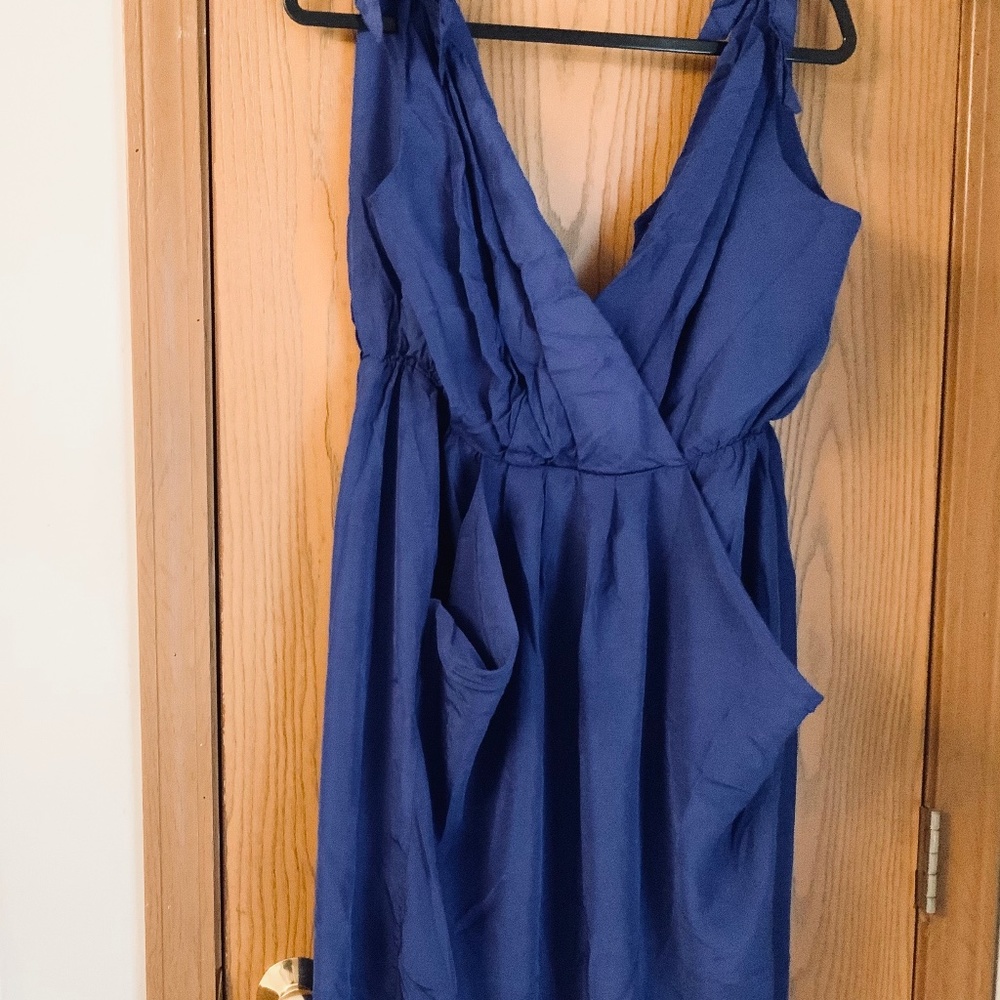 DAMAGED VINTAGE ALL THAT JAZZ NAVY BLUE PARTY DRESS SIZE SMALL FRONT POCKETS